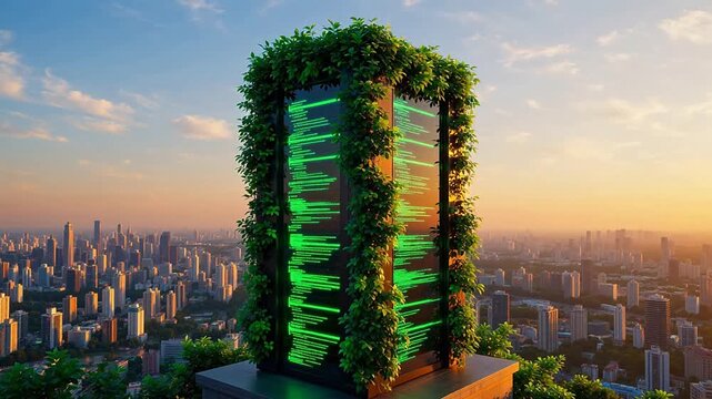 Green tech server tower in cityscape