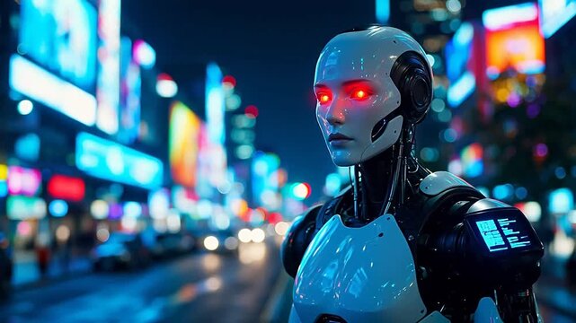 Cybernetic humanoid in neon city