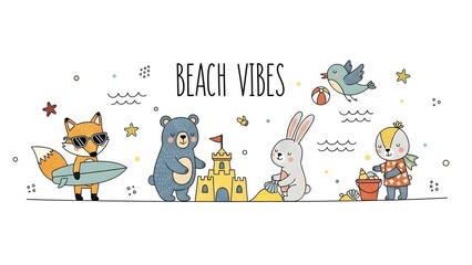 Fototapeta premium Delightful cartoon animal friends enjoying a vibrant summer beach day, participating in playful activities like sandcastle building, surfing, and seaside fun