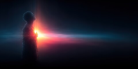 Ethereal silhouette of a person with glowing light and energy soul in the chest area