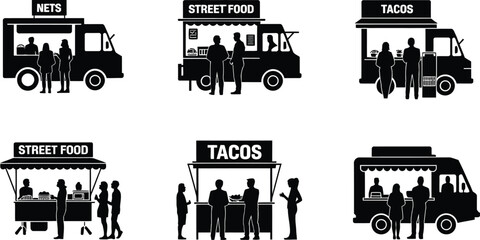 Obraz premium Variety of street food trucks and stalls with people black silhouettes on white background urban food scene