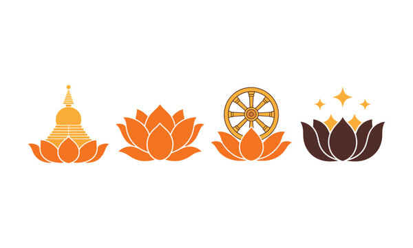 Buddhist symbols set including lotus flower and dharma wheel vector illustration