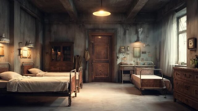 Two rusty metal beds in abandoned room with peeling walls. a post-apocalyptic mood. Haunted room styled like an old hospital with rusted beds, cracked walls, and medical tools