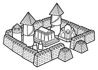 Detailed black and white line art illustration of a medieval sandcastle fortress with towers, walls, and buildings, designed as a whimsical fantasy castle for coloring or design use