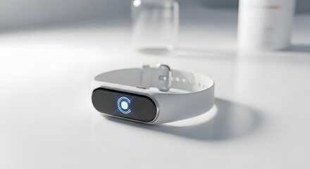 White smartwatch with blue light on display on white surface wearable device technology