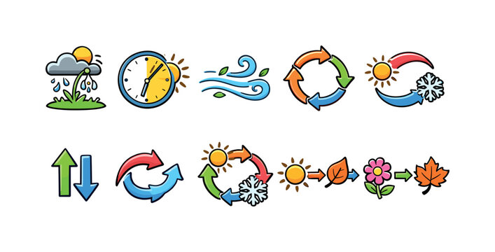 Weather and seasonal changes icon set. Colorful, flat symbol collection for forecasting