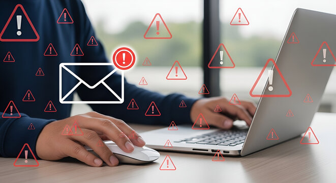 Email security threat and spam warning concept. Person click email with red warning icons and envelope representing email threats, phishing, spam alerts, cybersecurity risk in digital communication 