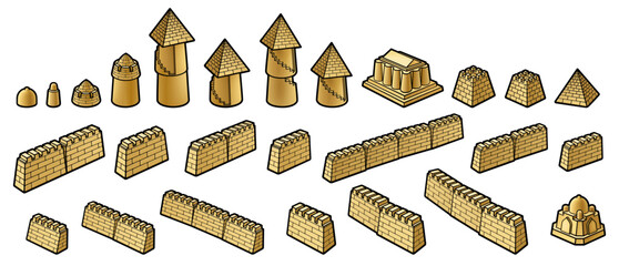 Detailed hand-drawn illustration of a medieval sandcastle city with towers, walls, and fortifications, designed as a whimsical fantasy beach construction in warm sandy tones