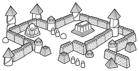 Detailed black and white line art illustration of a medieval sandcastle fortress with towers, walls, and buildings, designed as a whimsical fantasy castle for coloring or design use