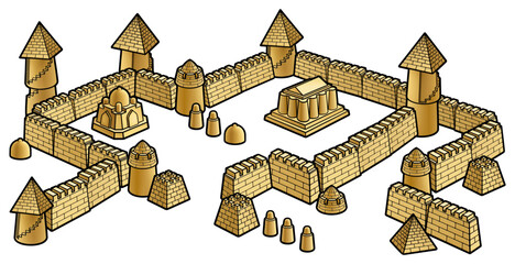 Detailed hand-drawn illustration of a medieval sandcastle city with towers, walls, and fortifications, designed as a whimsical fantasy beach construction in warm sandy tones