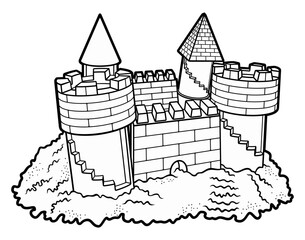 Detailed black and white line art illustration of a medieval sandcastle fortress with towers, walls, and buildings, designed as a whimsical fantasy castle for coloring or design use