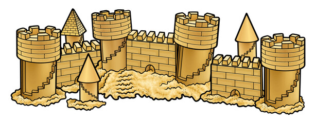 Detailed hand-drawn illustration of a medieval sandcastle city with towers, walls, and fortifications, designed as a whimsical fantasy beach construction in warm sandy tones