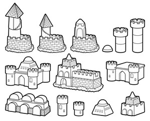 Detailed black and white line art illustration of a medieval sandcastle fortress with towers, walls, and buildings, designed as a whimsical fantasy castle for coloring or design use