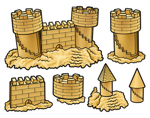 Detailed hand-drawn illustration of a medieval sandcastle city with towers, walls, and fortifications, designed as a whimsical fantasy beach construction in warm sandy tones