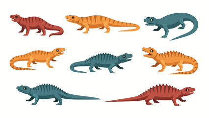 Fototapeta premium Set of cartoon dinosaurs, reptiles, and prehistoric creatures in various colors