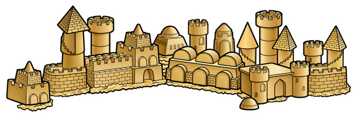 Detailed hand-drawn illustration of a medieval sandcastle city with towers, walls, and fortifications, designed as a whimsical fantasy beach construction in warm sandy tones