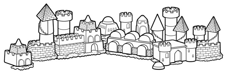 Detailed black and white line art illustration of a medieval sandcastle fortress with towers, walls, and buildings, designed as a whimsical fantasy castle for coloring or design use