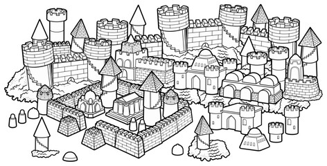 Detailed black and white line art illustration of a medieval sandcastle fortress with towers, walls, and buildings, designed as a whimsical fantasy castle for coloring or design use