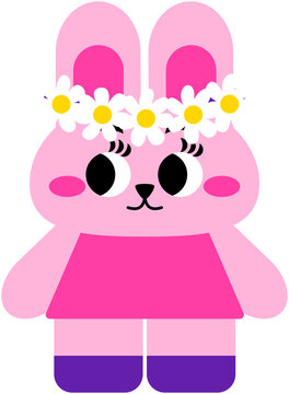 Cute Easter Bunny with Daisy Flower Crown Kawaii Spring Cartoon Illustration