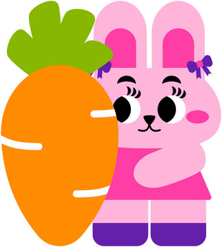Cute Easter Bunny Hugging Giant Carrot Kawaii Cartoon Spring Illustration