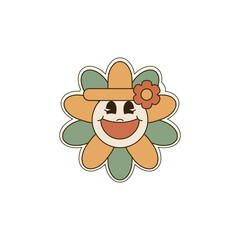 Retro Groovy Daisy Flower with Happy Smiling Face 70s Aesthetic