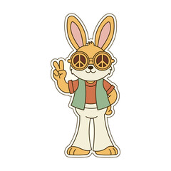 Retro 70s Hippie Easter Bunny Character with Peace Sign and Sunglasses