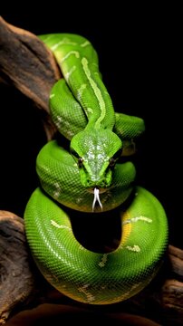 Emerald Tree Boa Coiled on Branch in Darkness.