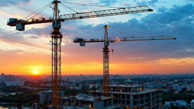 Construction cranes at sunset
