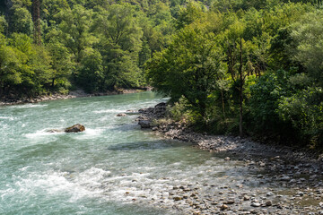 Summer landscape, Gega river in the mountains of Abkhazia.