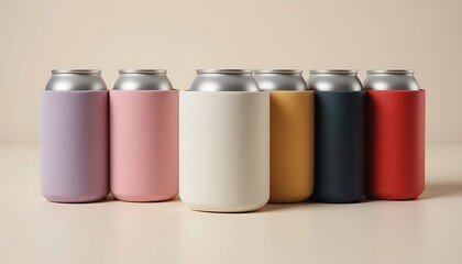 Five colorful cans arranged in a neat row on a flat surface. koozie mockup