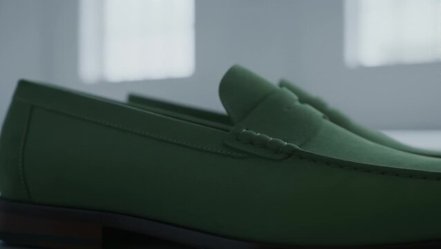 Stylish Green Penny Loafers Presented With Subtle Motion in Minimalist Interior Setting