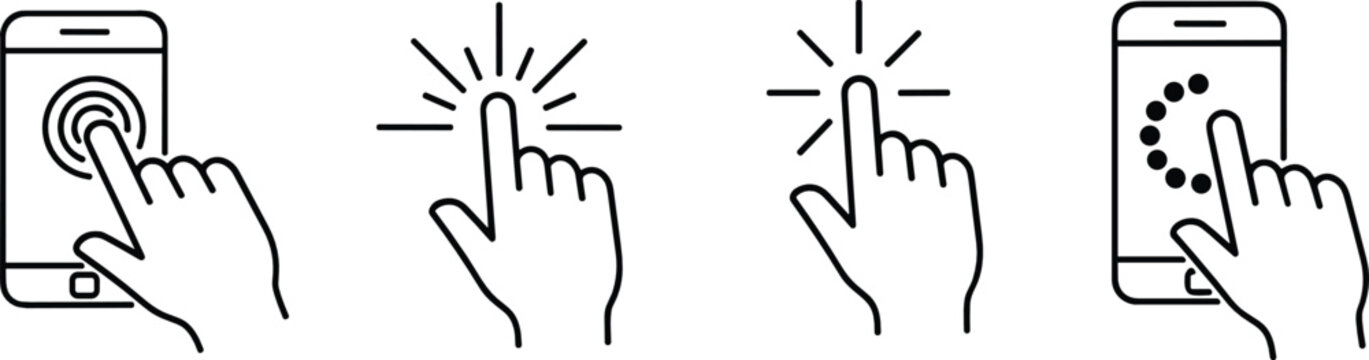 Touch screen gesture icons set showing tap press swipe interaction symbols for mobile app user interface design