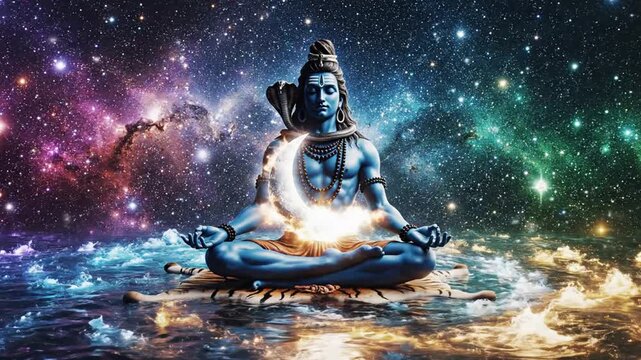 Serene blue Shiva meditating on tiger skin in cosmic waters