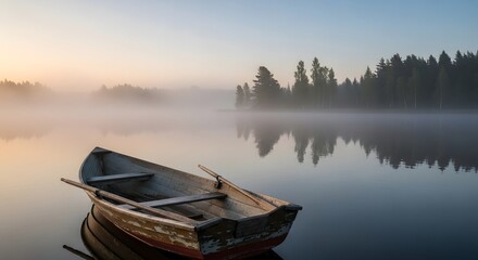 Fototapeta premium Serene misty lakeside sunrise close up wooden rowboat foreground with oars resting on calm glassy water mirror reflection of distant birch forest under soft golden light