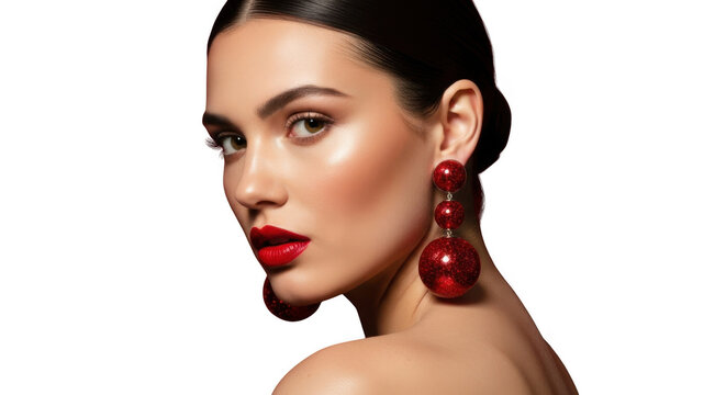 Woman with red lipstick and earrings isolated on transparent background looking sideways