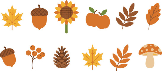 Horizontal set of autumn nature icons including leaves, acorns, sunflower, and mushroom in flat vector style, © Saidi