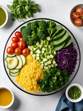 Vista superior ingredientes y verduras en una ensalada