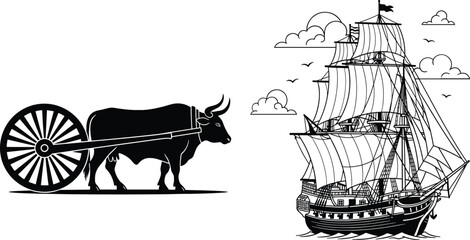 Vintage transportation illustration featuring traditional ox cart and classic sailing ship silhouettes representing historical travel and maritime trade © Sajjat