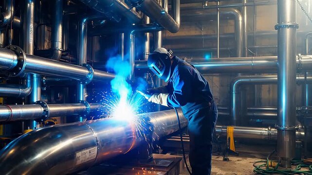 Worker welding metal pipe in industrial setting