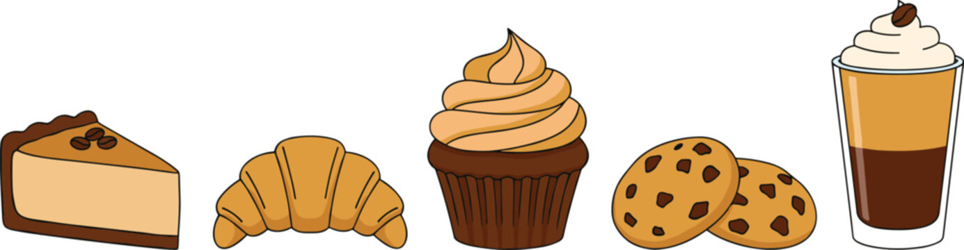 Horizontal set of cafe pastry icons including cheesecake, croissant, cupcake, cookies, and coffee in flat vector style,