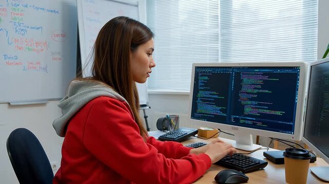 Woman coding at desk in office