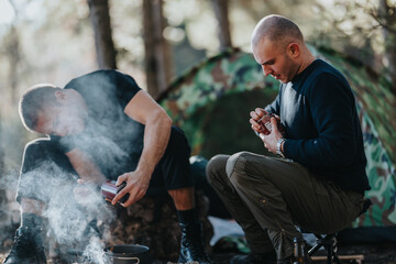 Two men sit at a forest campsite, cooking over a small campfire. They hold cans and share the...