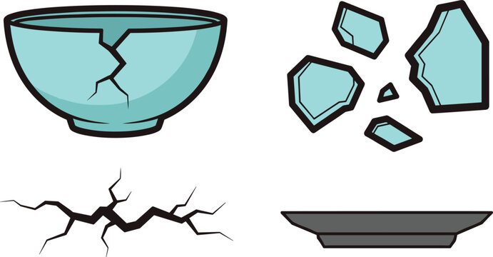 Broken ceramic bowl and glass shards set, vector icons with cracked blue bowl, sharp pieces of debris and floor crack illustration isolated on white background.