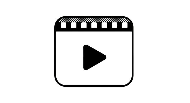 Black and white play button icon on a transparent background for video