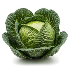 Obraz premium A whole green cabbage with textured outer leaves, fresh produce on a white background