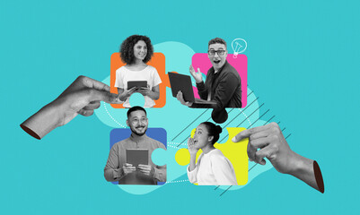 A group of people is seen in a collage format, each person using different devices and sharing...