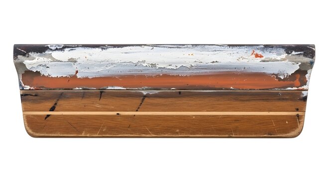 Worn wooden boat gunwale close up with chipped white and orange paint peeling varnish scuffed edges visible wood grain isolated on white background rustic nautical repair