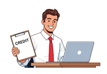 A cartoon man in a white shirt and red tie holding a credit clipboard and sitting at a desk with a laptop isolated on transparent background