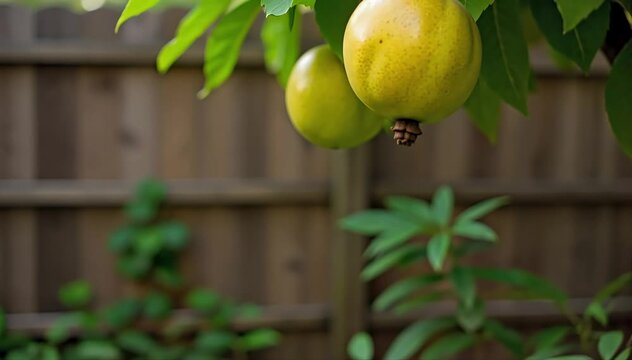 A backyard starfruit tree with ripe fruit hanging low near a wooden fence 