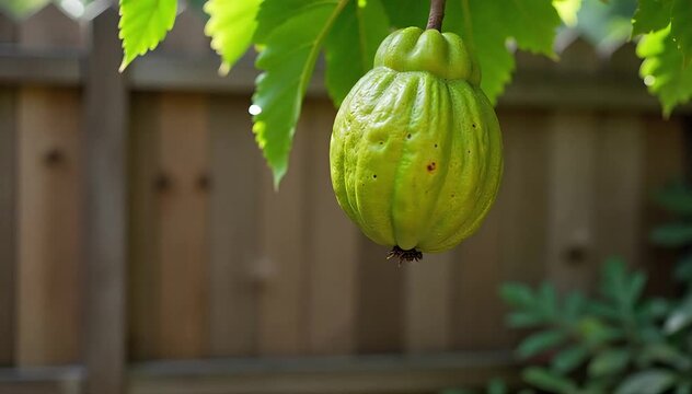 A backyard soursop tree with ripe fruit hanging low near a wooden fence 